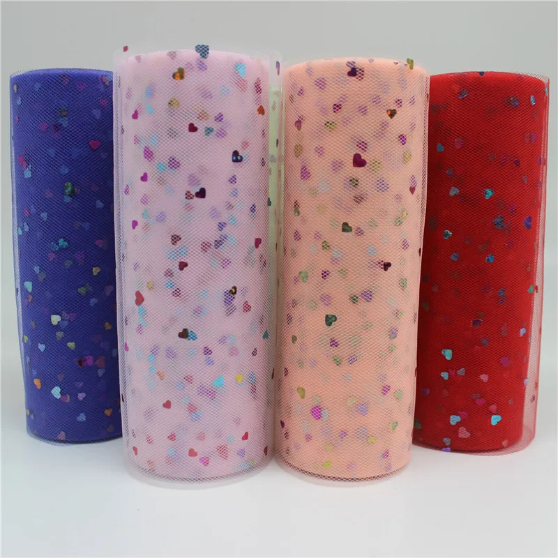 Блестящая Лазерная пачка с сердечками 10 ярдов 15 см|sequin tulle roll|sequin tulletulle rolls |