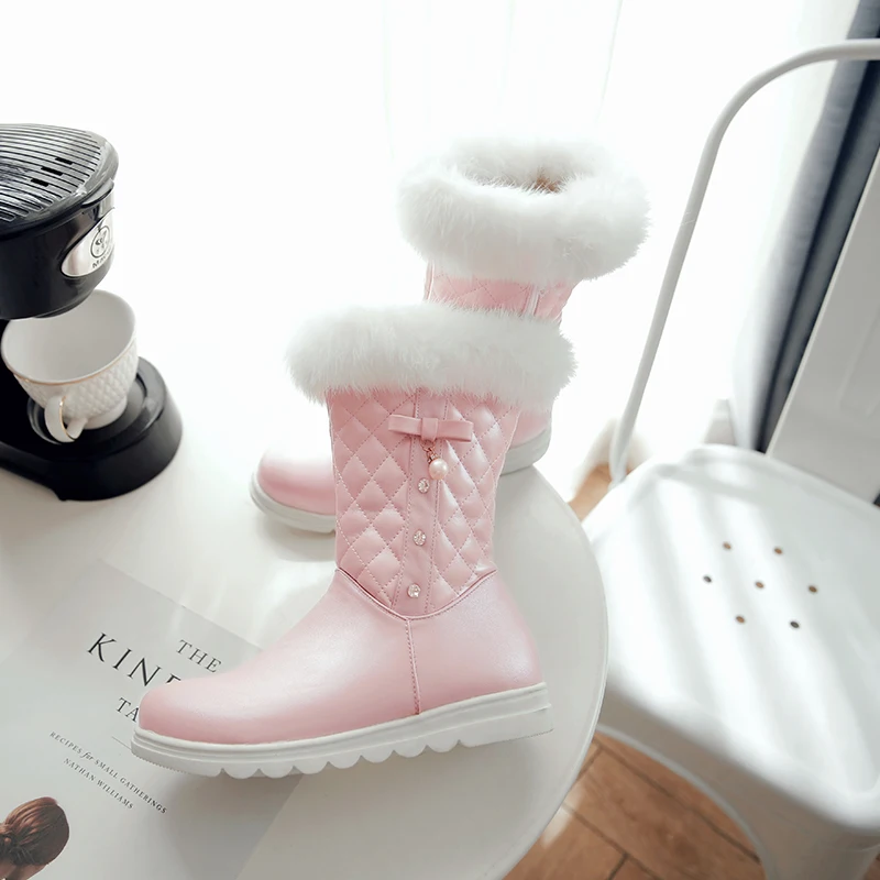 NEW fashion warm Mid-Calf snow boots women round toe soft leather warm Rabbit Fur winter thick fur ladies winter shoes