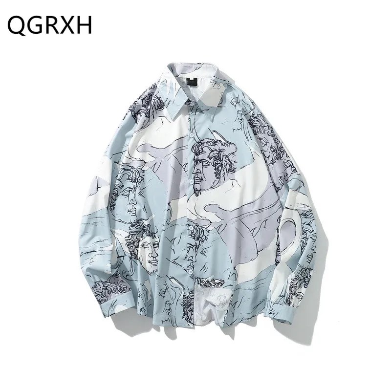 

Korean Funny Shirt Men Printing Shirt Autumn Vintage Casual Striped Long Sleeve Shirt Japanese Streetwear Harajuku Man Clothes