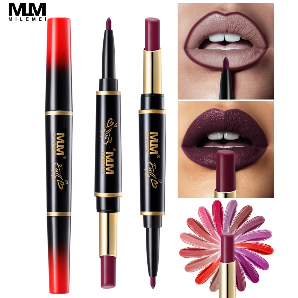 

MILEMEI Double End Lipstick Duo Matte Lipstick Pen 2 in1 Lip Liner Plus Lipstick Moisturizer Lips Batom Lipstick Makeup 16 Color