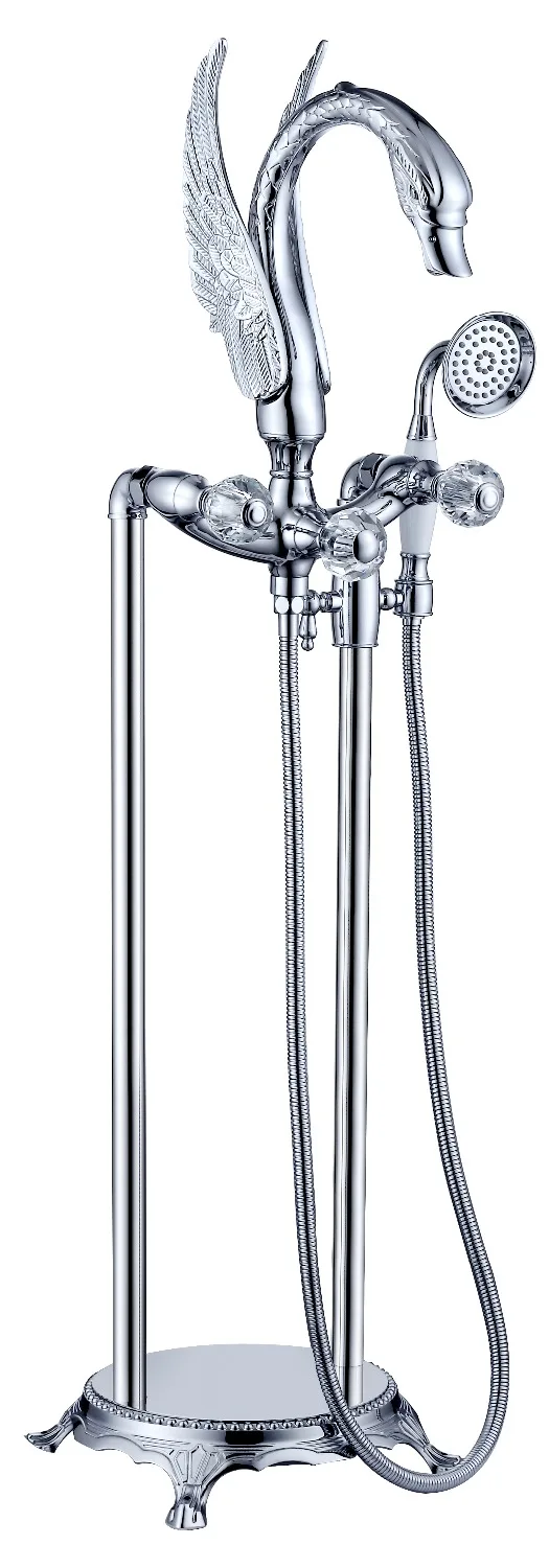 

Free standing chrome clour Floor Mounted swan Bath Tub shower Filler Faucet White Handshower crystal diverter