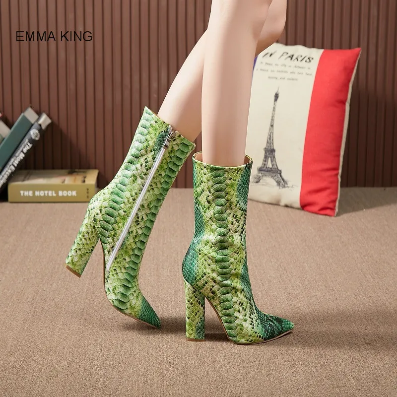 

EMMA KING New Style Snake PU Mid-Calf Ladies Boots Square High Heel Side Zipper Simple Sexy Pointed Toe Women Shoes Autumn