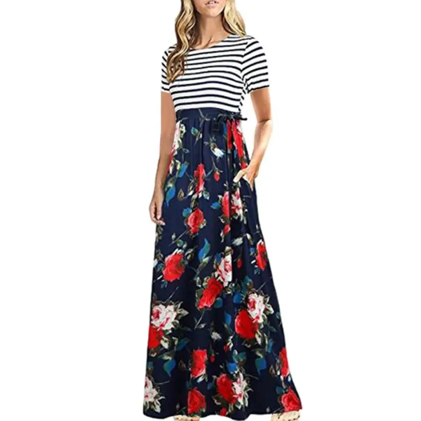 

KANCOOLD dress new high quality girl Summer Boho Sashes Dress Striped Floral Print Party Beach Maxi dress women AP25