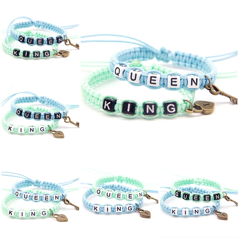 

2pcs/pair Classical Couple Bracelets Blue Green King and Queen With Key Lock Rope Chains Lovers Gifts Beaded Charm Bracelet