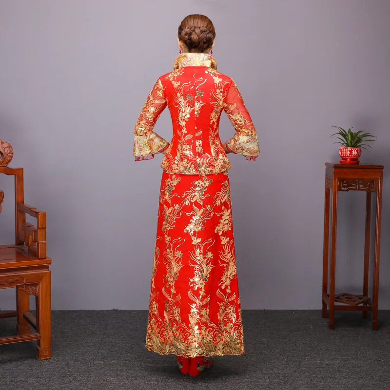Красный пикантное свадебное платье Винтаж Cheongsam Qipao длинные традиционные китайские платья для женщин феникс вышивка невесты традиции