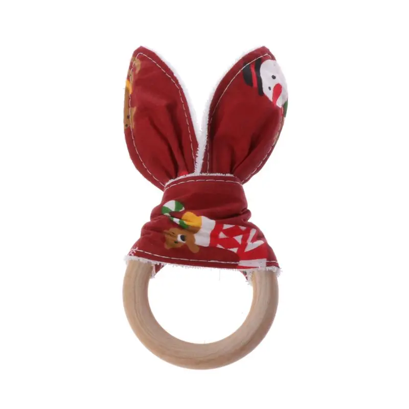 Christmas Baby Bunny Ear Teething Ring Safety Wooden Chewie Teether For Children Kids Baby Care Accessory Shower Gifts