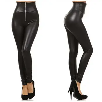 

CUHAKCI Women Leather Leggings Ventilation Zipper Top Quality Sexy Trousers PUHigh Waist Pants Black Legging