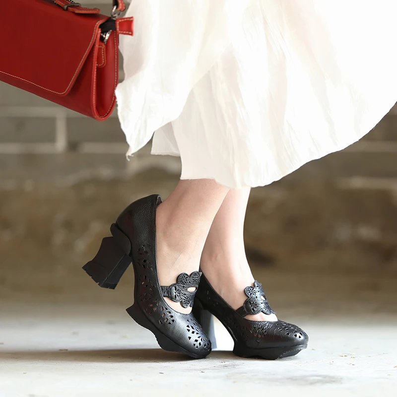 

Spring/Autumn Handmade Womens 8.5 CM High Heel Shoes Full Grain Leather Fretwork Slip-ON Pumps Women's Shoes