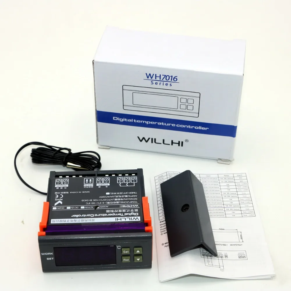 Tanie WH7016E 10A cyfrowy regulator temperatury termopary 9.9 ~ 99.9 stopni celsjusza z czujnikiem i alarm 220 V 110 v 24 V 12 V