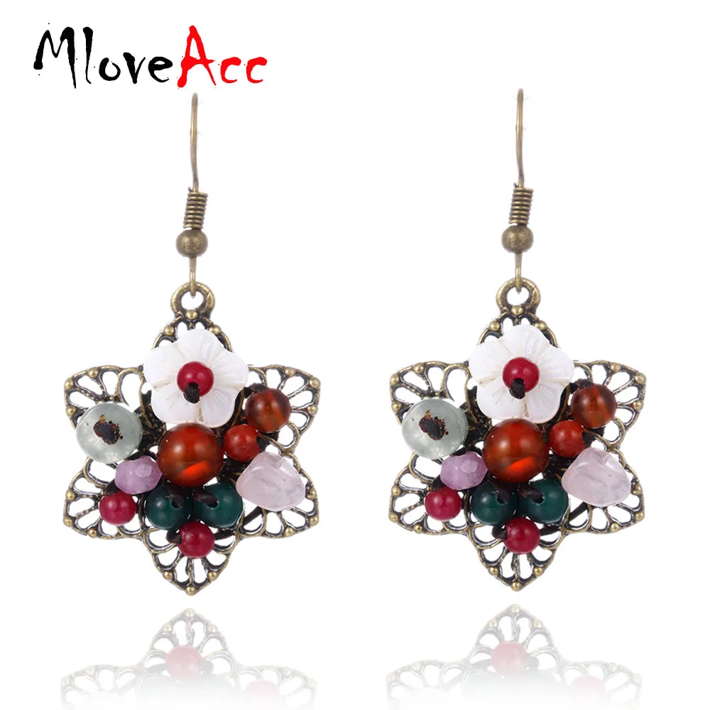 

MloveAcc Vintage Handmade Multi Color Stones Drop Earrings Shell Flower Charm Earrings Ethnic Women Party Ear Accessories Bijoux
