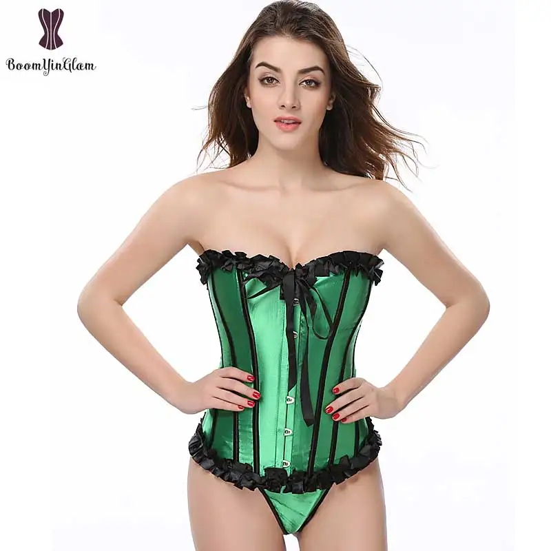 

Green Satin Corset Sexy Bustier Overbust Lingries Women Lace Up Bustiers And Corsets Gothic Corset Top Plastic Bone Corselet