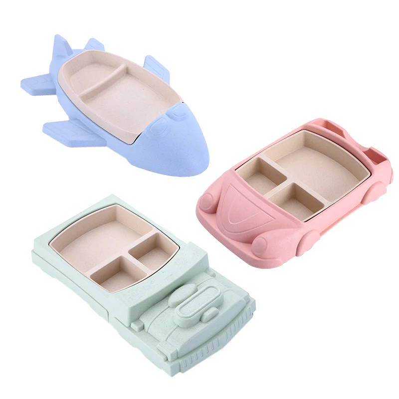 2pcs/set Baby Feeding Plate Children Plastic Tableware Plane Tray Infant Removable Dishes Bamboo Fiber Toddler Training Bowls