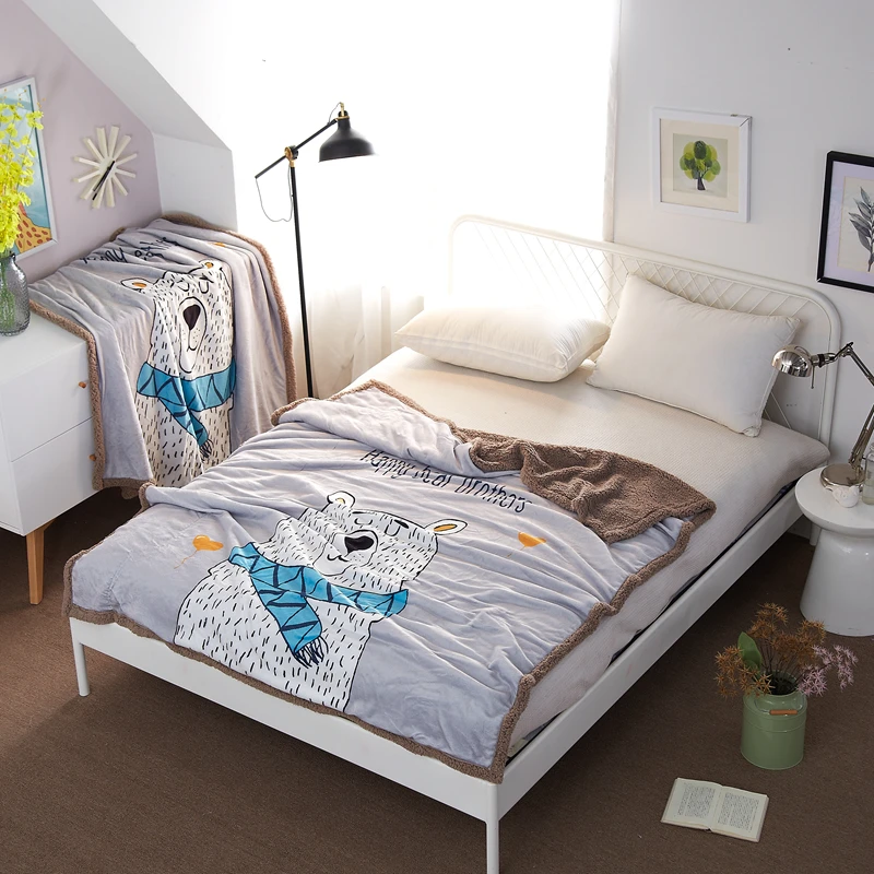 

Stylish Pure Color Cartoon Bear Pattern Bedding Flannel Sofa Fleece Blankets For Bed Warm Machine Washable Bedspread Super Soft