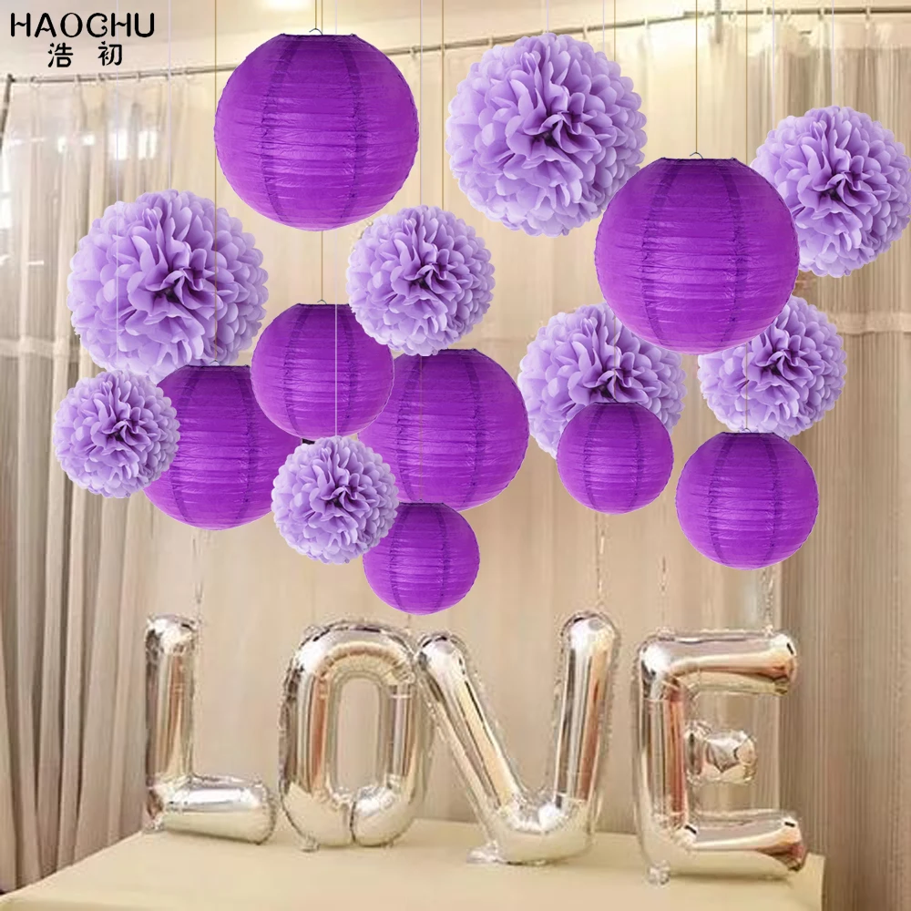 

16pcs/set Hanging Paper Lanterns Tissue Paper Pom Pom Ball Flowers For Baby Shower/Wedding Party Decor Festival Home Decoration