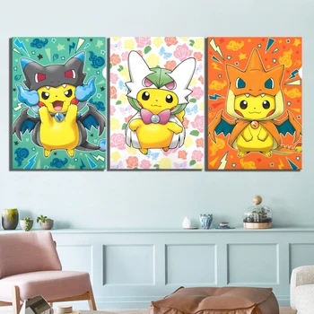 

Prints Home Decor Canvas Painting 3 Pcs Anime Pikachu Pocket Monster Video Game Wall Artwork Kids Room Modular Pictures Posters