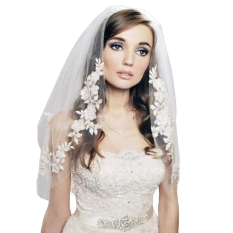 2 уровня двойная Слои женские локоть Длина свадебная фата серебряной нитью с искусственным жемчугом с цветочным орнаментом и вышивкой, с