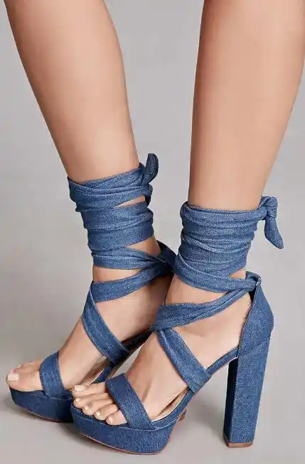 blue lace up block heels