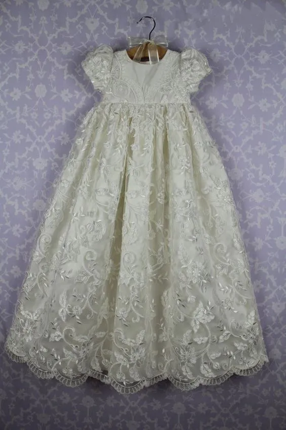 

2016 Lolita Baby Infant Christening Dress Baptism Gown Lace Applique Short Sleeves White/Ivory