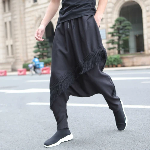 Мужские японские Самурайские шаровары, Хакама, штаны с кисточками, брюки, свободные хип хмель, штаны с перекрестными штанами, черные - Цвет: Черный