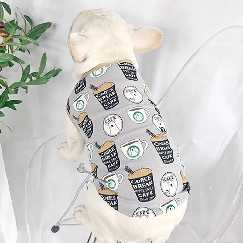 

Coffee Print Pug Summer Cool Cotton Tshirt Pet Dog Clothes for Small Dogs Pets Clothing French Bulldog Vest Yorkshire Costume