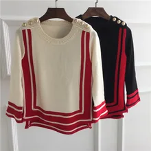 high quality women’s 100% wool striped sweater autumn fashion knitted short cute beige warm jumper sweater with gold button