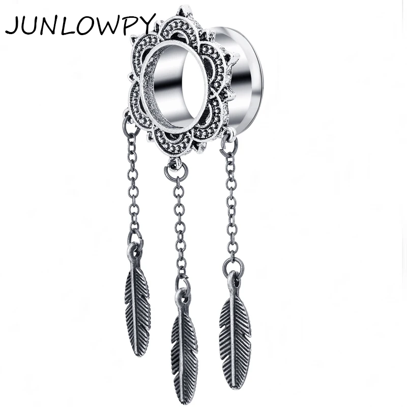 Junlowpy Ear Tunnel Silver Dreamcatcher Cute Feather Pendant Dangle Ear