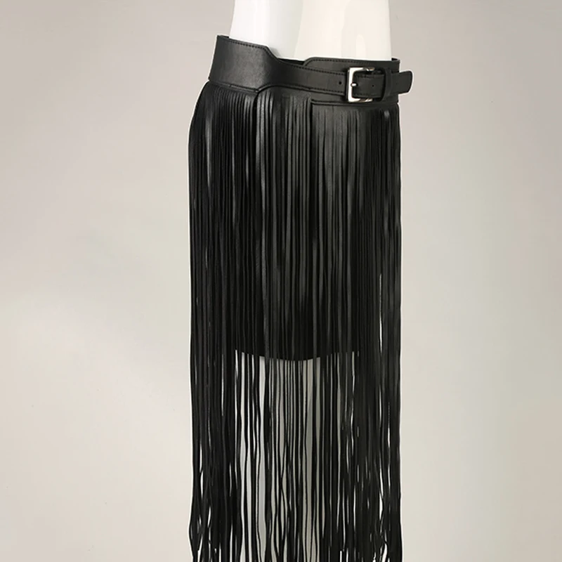 Hippie Designer Faux Leather Buckle Long Fringe Tassel PU Skirt Adjustable Belt 