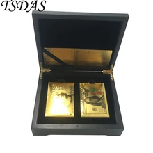 2 палубных золотых и цветных USD 100 водонепроницаемых 24k золотых игральных карт набор высокого качества с деревянной коробкой