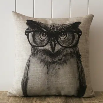 

LINKWELL Pillow Case Burlap Cushion Cover 18x18 inch BIg Cool Black Owl with Glass Cute Pattern for Children Room Decoration