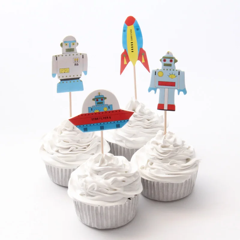 

24pac/lot Spaceship Robot Party Cupcake Topper Happy Birthday Party Baby Shower Children Party Decor Kids Cake Decor Supplies