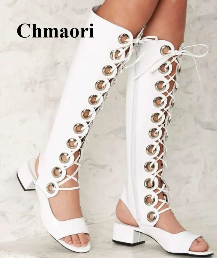 

2018 Fashion White Grommet Cross-tied Chunky Heel Rome Style Long Tube Boot Summer Sexy Women Sandals Normal Size Boots Sandals