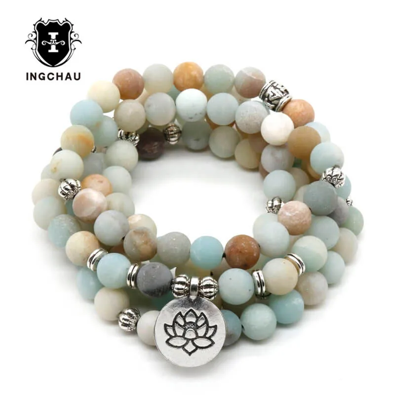 

8mm Buddhism Frosted Amazonite Bracelet Lotus Rosary 108 Prayer Beads Mala Bracelets or Necklace Women Tibetan Jewelry BD-22