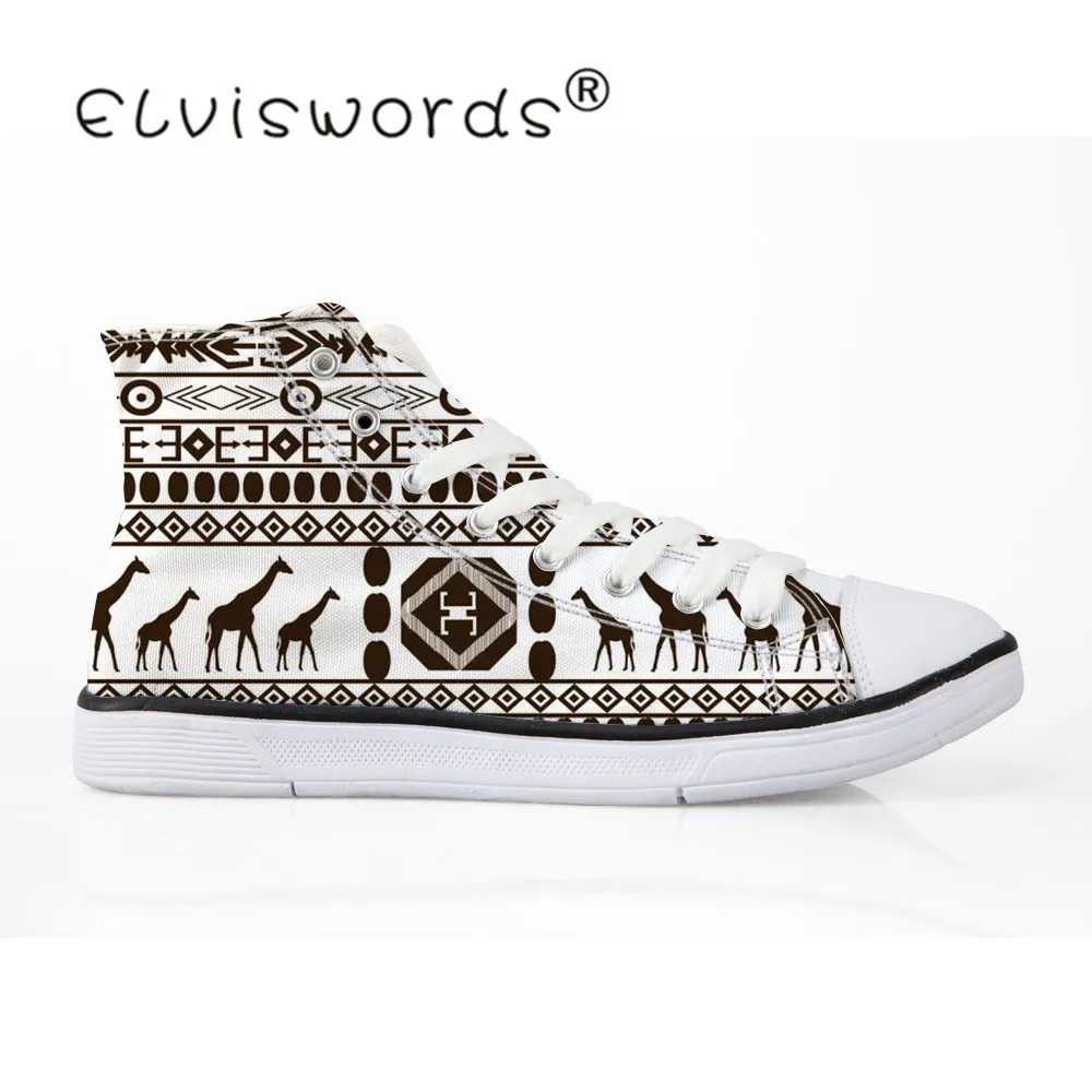 

ELVISWORDS Fahison African Canvas Shoes Women White Printing High Top Sneakers Teenagers Vulcanize Flats for Woman Girls 35-42