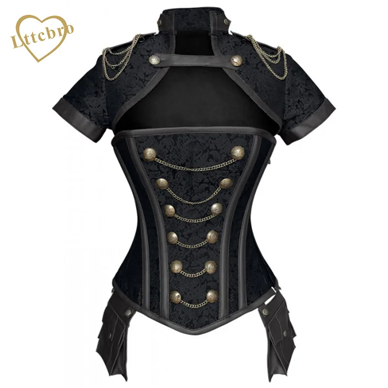Steampunk Corset Jacket Retre Steel Boned Punk Overbust Bustiers Corsets Costumes Top With Gold Chain Front