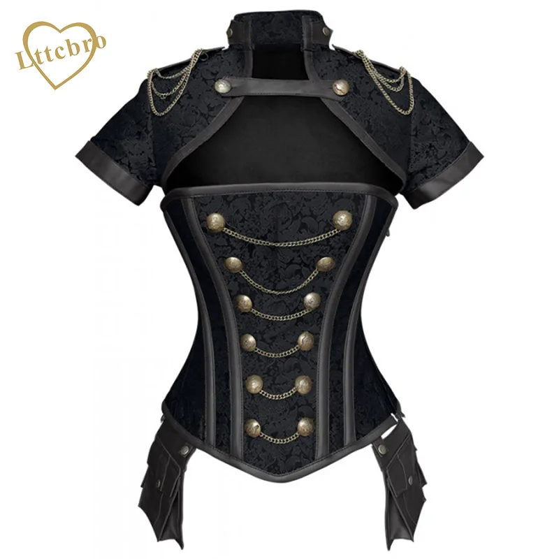 Steampunk Corset Jacket Retre Steel Boned Punk Overbust Bustiers Corsets Costumes Top With Gold Chain Front Steampunk Corset Jacket Retre Steel Boned Punk Overbust Bustiers Corsets Costumes Top With Gold Chain Front