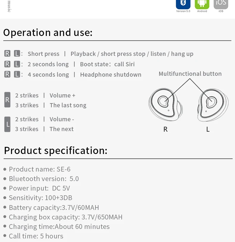 SE6 невидимый Bluetooth наушники 5,0 глубокий бас музыки СПЦ мини Беспроводной с загрузочной коробки с микрофоном многоцветный