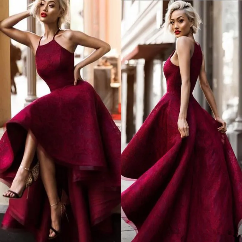 

Burgundy Prom Dresses Ball Gown Halter Lace Hi Low Plus Size Party Maxys Long Prom Gown Evening Dresses Robe De Soiree