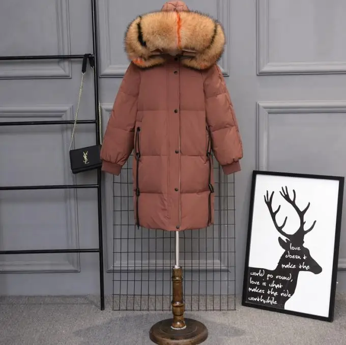 Зимняя теплая Женская куртка на утином пуху с капюшоном большого размера, натуральный мех, воротник, длинные пуховики, парки, женская Свободная куртка, толстая верхняя одежда RH1077 - Цвет: Brown Multicolor Fur