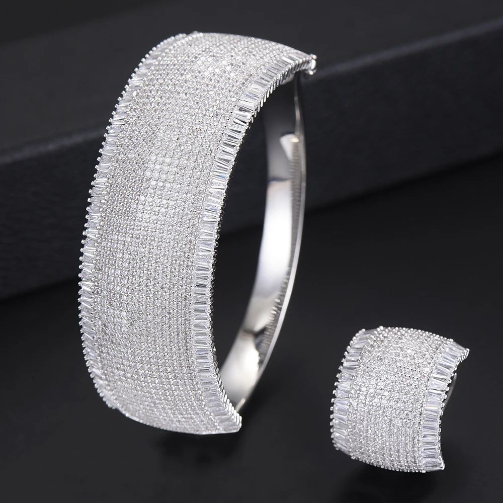 

Trendy Indian Style Wide Surface Band Full Cubic Zirconia Bangle Bracelet Ring jewelry sets For Women Engagement