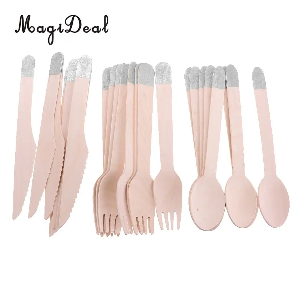 24pcs/Set Disposable Wooden Utensil Forks Spoons Knives Cutlery Set Wedding Birthday Party Tableware Serveware