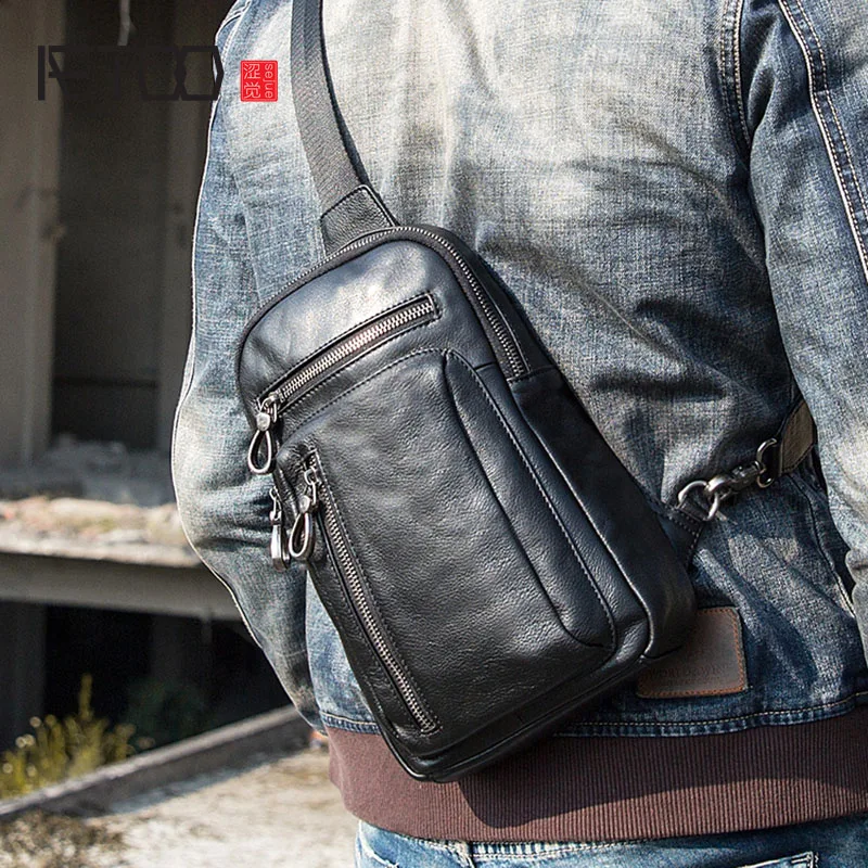 AETOO Men's handmade leather bag men's Messenger bag shoulder retro chest bag men's soft leather suede