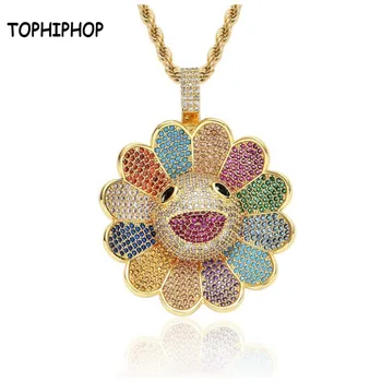 

TOPHIPHOP Iced out bling Sun flower shape pendant necklaces rotatable fashion popular Charm Necklace Hiphop jewelry gifts