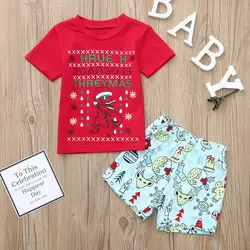 Изысканная одежда для малышей ткань динозавров топы с буквенным принтом + шорты Рождественская Одежда для новорожденных Деткая одежда Ropas