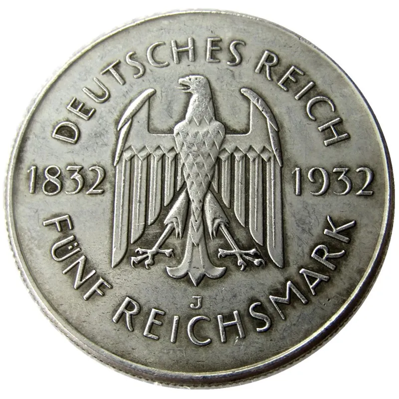 

Germany 1932-J 5 Reichsmark Goethe Copy Coins Silver Plated