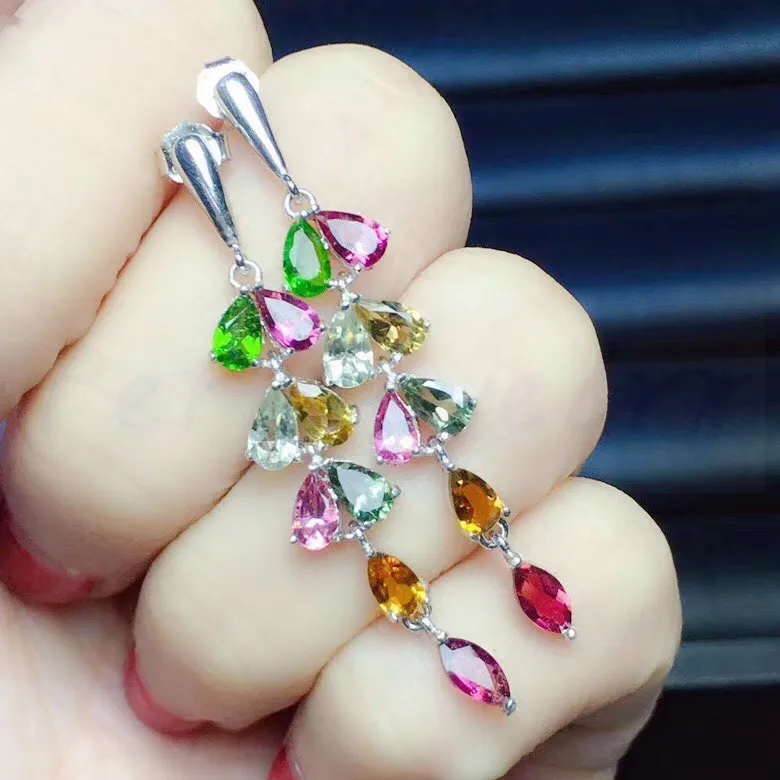 Натуральный турмалин Висячие серьги стерлингового серебра 925 0.25ct* 12 шт. 0.2ct* 4 драгоценный камень ювелирные украшения# X19030304