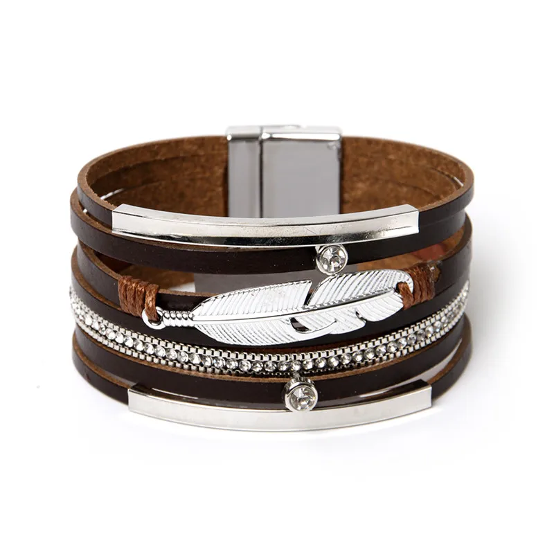 

ORNAPEADIA Summer New Jewelry Top Sell Bohemia Multilayer bracelet Ethnic Feather Accessories Genuine Leather Bangles for women