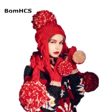 BomHCS милые большие помпоны(2 шт.) шарф с шапочкой+ перчатки вязаная шапка ручной работы шейный платок варежки