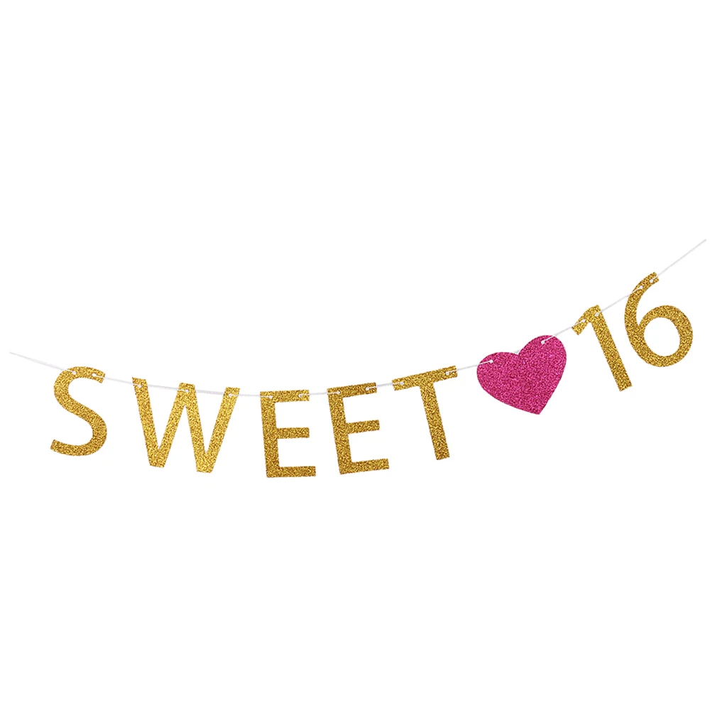 Shiny Golden 16th Birthday Banner, Sweet 16 Rose Heart Bunting, Age 16 Paper Garland, Teen Girls Celebrations