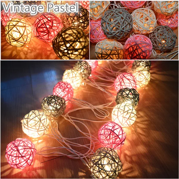 20pcs/set Vintage sweet Pastel Gray pink white mixed RattanBall Patio Party String Lights Fairy Wedding xmas valentine Decor | Лампы и