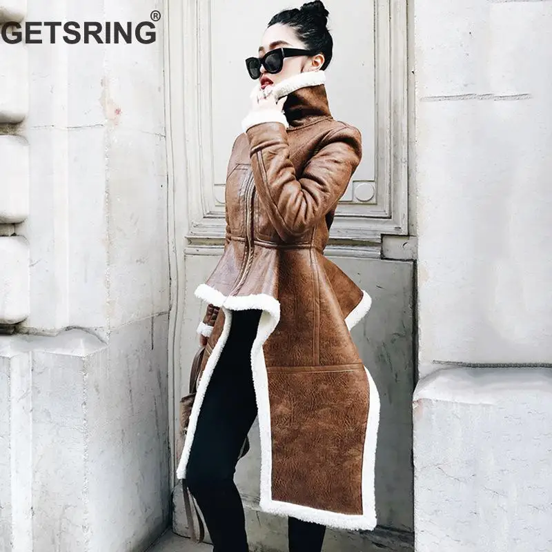 

GETSRING Women Coat Fur Coat Stand Collar Irregular Womens Parka PU Leather Lamb Wool Spliced Winter Jacket Women Plus Size
